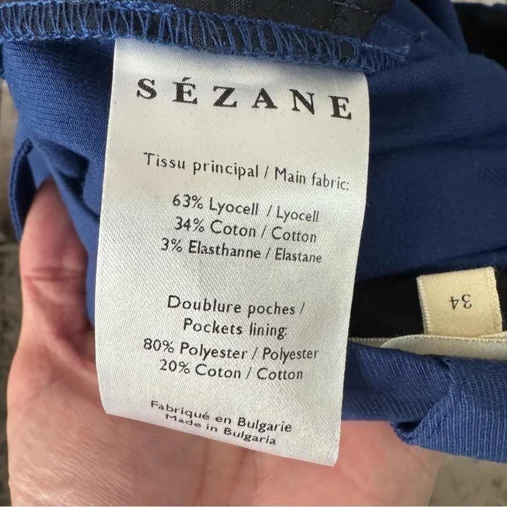 Sezane Women's Size FR 34 Blue Straight Leg Pants Tortoiseshell Button Viscose